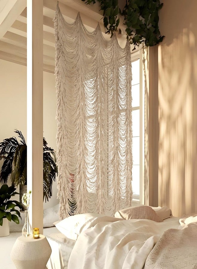 Boshen Macrame Boho Handmade Curtain, 1 Panel Tassels Doorway Window Wall Decor, 100% Cotton Art Craftsmanship Room Divider Wall Hanging for Bedroom, Living Room, Wedding, 75" L x 59" W White - Image 4